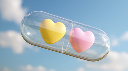 A transparent capsule containing two colorful heart-shaped objects, symbolizing love and health, set against a bright sky with soft clouds.