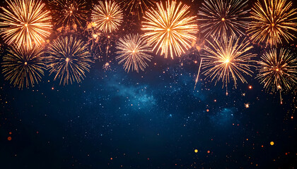 Fototapeta premium Festive Colorful Fireworks Explosion on Deep Blue Starry Night Background