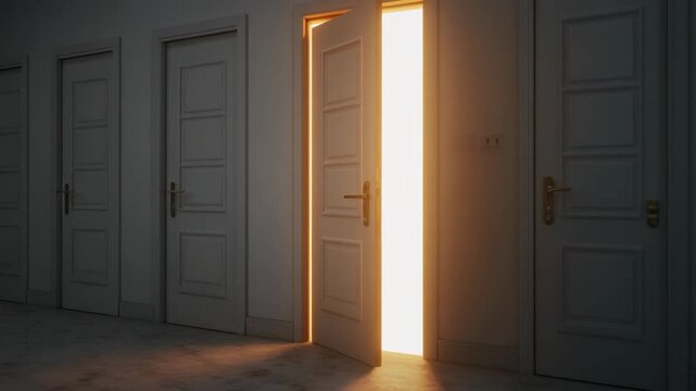 A dramatic close-up captures a single door gradually opening in a dimly lit hallway, releasing a radiant, warm light into the darkness. This evocative scene symbolizes new beginnings, opportunity, and