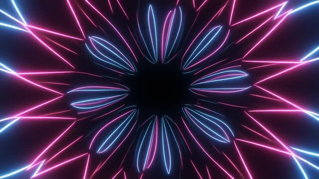Abstract neon tunnel animation with symmetrical pink and blue glowing lines forming a futuristic portal effect, creating an energetic and immersive sci-fi visual ideal for digital art, events, and mus