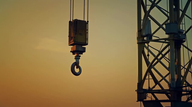 Close-up of a large industrial crane hook silhouetted against a warm sunrise or sunset sky, symbolizing construction, infrastructure, and modern industrial progress
