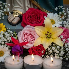 Sacred Floral Offering with Burning Tealight Candles and Vibrant Roses.

