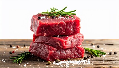 Stacked raw red meat steaks seasoned with rosemary, salt, and peppercorns on wood