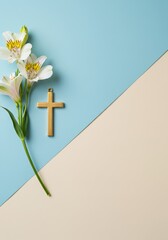 Contemporary Christian Still Life with Minimal Wooden Cross and Single White Lily on Diagonal Pastel Background Conveying Faith Serenity and Spiritual Reflection
