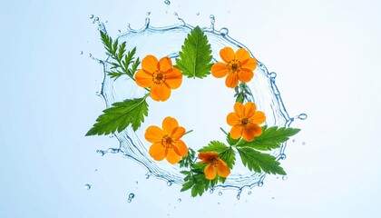 Orange flowers and green leaves arranged in water splash against a soft blue gradient