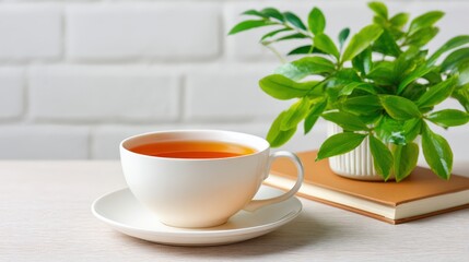 Anti-aging skincare regeneration, A serene scene featuring a cup of tea beside a lush green plant, promoting relaxation and tranquility in a cozy environment.
