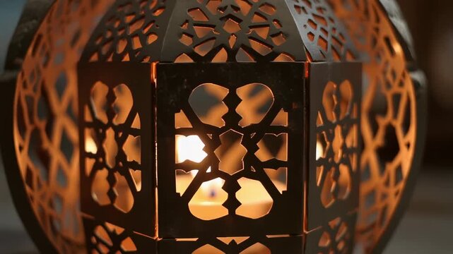 Close-up of an ornate metal lantern with geometric patterns and a flickering candle, casting a soft warm glow and creating a serene, inviting atmosphere
