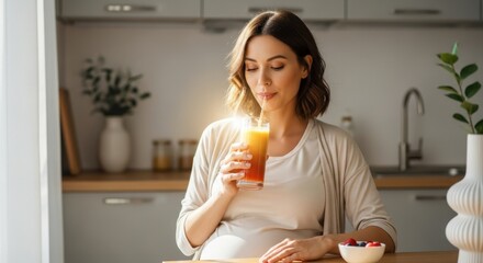 Pregnant woman with calm mood drinking fresh juice against a modern kitchen background