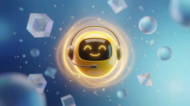 Friendly yellow chatbot with headphones and microphone, surrounded by abstract shapes