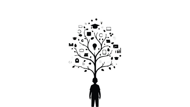 Businessman entrepreneur with creative mind tree growing symbols and icons, representing innovation and idea generation in modern corporate setting