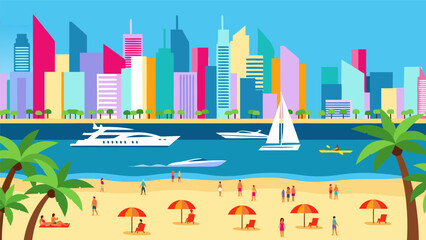 Vibrant cityscape illustration with vector elements, showcasing a lively beach scene with palm trees, sailboats, and skyscrapers in the background