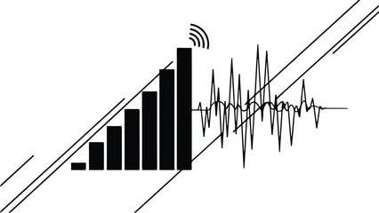 Modern business graph chart with wireless signal and sound wave on white background, representing data analysis and communication in a professional corporate setting