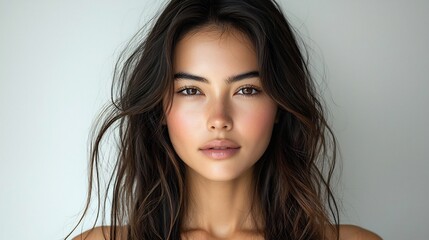 Fototapeta premium Asian Model In Her 30s Showcasing Smooth Skin and Styled Hair In a Modern Beauty Studio Cosmetic Care Routine Displayed With Gentle Light and Calm Mood