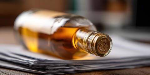 financial mismanagement, an expensive whiskey bottle is featured in a close-up low-angle shot next to disorganized financial papers, with a focus on the label and glass texture