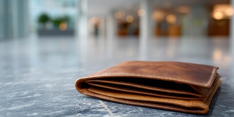financial loss, a close-up of an empty, well-worn leather wallet lying open on a marble floor, with the empty slots and leather texture in clear focus the blurred background suggests a deserted bank
