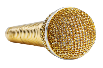 Golden microphone placed on a white surface for music and performance use in a studio setting during daytime