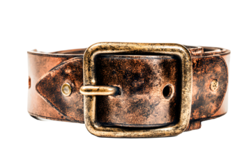 Old leather belt with metal buckle placed on a plain background, showing wear and details of the material and hardware