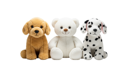 A plush golden retriever, white teddy bear, and dalmatian stuffed animal sit side-by-side on a transparent seamless background with ample copy space. concept of childhood friendship and toys