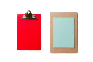 Red clipboard and blue note paper placed on a simple background with a focus on office supplies and organization tools for note-taking activities