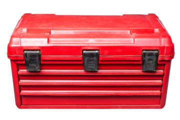 Red tool box sits on a work surface in a garage during daylight without any tools visible inside
