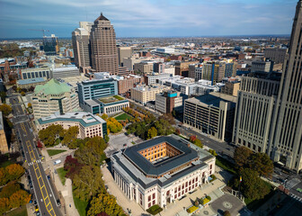 Aerial view of Columbus City Hall in downtown Columbus skyline, capitol of Ohio state,.
