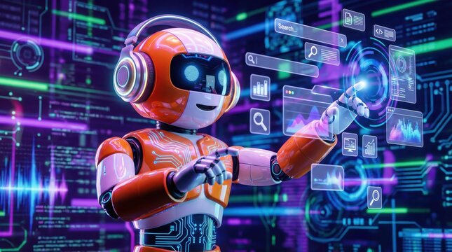 Friendly robot with headphones interacts with futuristic holographic data interface