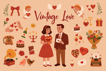 A set of vector illustrations. Valentine's Day. Retro style items. Vintage illustrations. A man and a woman on a date. Card designs. Large collection. Boyfriend and girlfriend. Giving gifts.