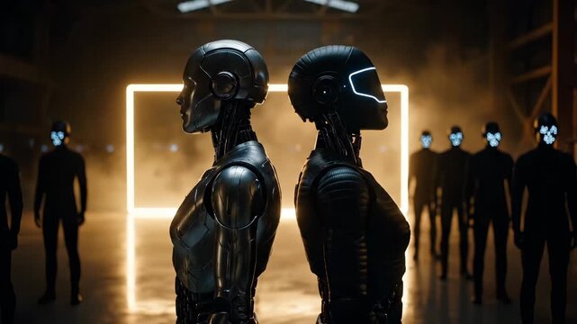 Two robots face each other near neon light frame in futuristic space. Cyborg humanoids stand with robots watching. Android pair meets in future warehouse. Robots confront near cyborg crowd.