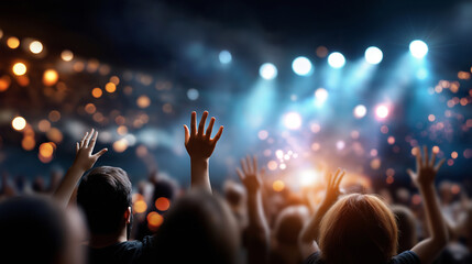 Live rock concert party festival night club crowd cheering faceless, stage lights, huge crowd dancing at music concert, epic arena stadium lights, defocused audience, with copy spa
