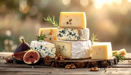 A gourmet still life showcases an assortment of cheese blocks on wood with figs and rosemary