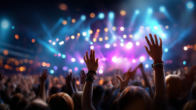Live rock concert party festival night club crowd cheering faceless, stage lights, huge crowd dancing at music concert, epic arena stadium lights, defocused audience, with copy spa