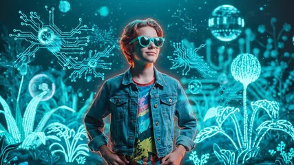 Young boy with sunglasses stands in digital world with circuit patterns. Technology visualization surrounds boy. Digital circuits glow around young person. Boy explores futuristic technology.
