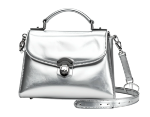 Shiny silver handbag with top handle and shoulder strap
