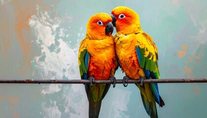 Two vibrant tropical parrots, perched on a wire, gazing lovingly against a soft painted backdrop