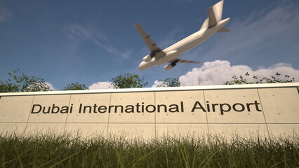 Arrivals at Dubai International Airport with airplane landing near terminal, Dubai, United Arab Emirates 3D rendering