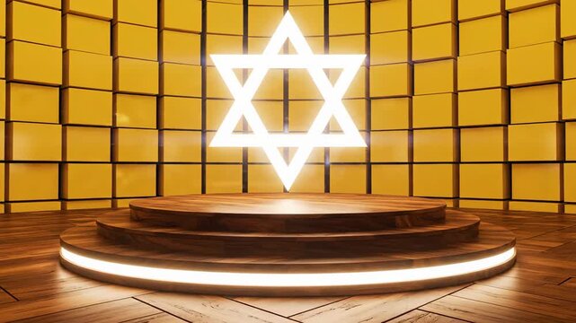 Star of David Symbol Illuminates a Wooden Stage with Golden Background.