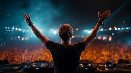 Festival rave with DJ on stage faceless, huge crowd, party atmosphere, electronic dance music event, celebration, defocused audience, with copy space