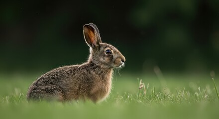 Fototapeta premium Detailed portrait of a wild brown hare sitting low in a sunlit field, showcasing fur texture and the blurry natural background, lagomorph, season, sitting