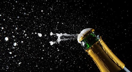 Dramatic close up of an uncorked golden champagne bottle top, with tiny, fizzy, flying bubbles and foam spraying out for a party ,fizz ,uncorked ,champagne