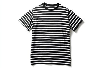 Flat lay image of a classic black and white striped t-shirt, isolated on white