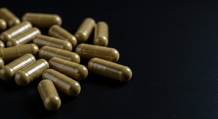 Organic vegan natural vitamin supplements capsules scattered on a dark surface, emphasizing healthy dietary support and essential purity ,clean ,vitality ,studio