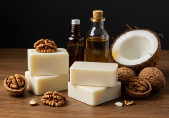 Rustic composition highlighting potent natural ingredients, creamy white soap bars, rich amber oils, and fresh coconut and walnut shells ,healing ,fresh ,organic