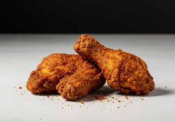 Savory, crunchy fried chicken pieces with a deep, smoky seasoning rub, presented on a stark white surface ready for culinary plating ,cuisine ,closeup ,drumstick