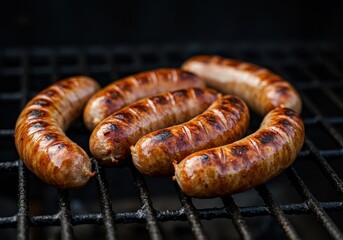 Sausages sizzling and browning on a hot metal barbecue grill grate, indicating outdoor cooking and summer meal preparation, party, sausage, leisure