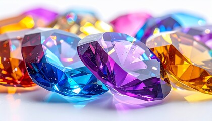 Close-up of multifaceted gems in a vibrant spectrum of colors, angled on a white surface