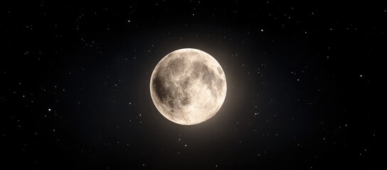 Full moon glowing in starry night sky, craters visible on surface