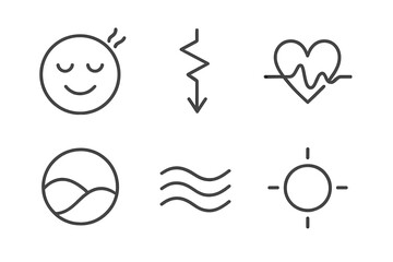Anti-Stress App Icons. Line vector icons of an anti-stress app: relieved face, tension-release line, soft pulse, soothing field,