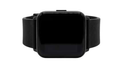 Black smart watch with textured band on transparent background