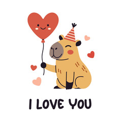 Vector cute valentine capybara holding smiling heart balloon with i love you lettering and flying hearts on white background, adorable romantic animal card for couple, kid, nursery or greeting design.