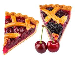 Two pie slices; cherry filling, lattice crust, plus cherries